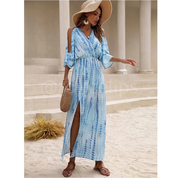 Tie Dye Blue White Maxi Dress Leg Slit Shoulder Slit Cut Out V-Neck - Picture 4 of 9
